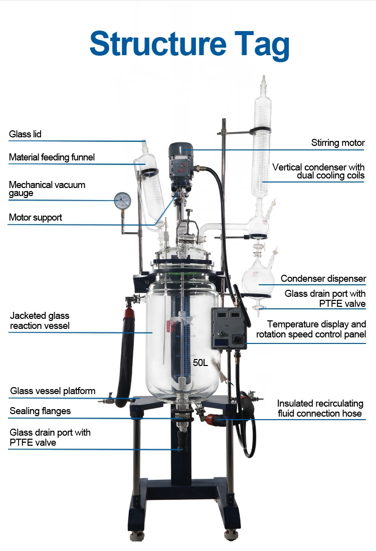 China 10L 20L 50L 100L Glass-Lined Medical Laboratory Equipment Chemical Agitator Tank Double Layer Batch Jacketed Glass Reactor Price